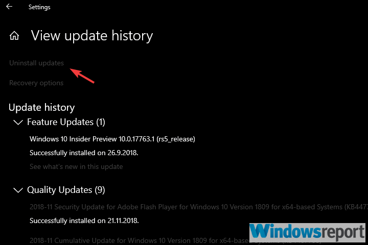 configuración de actualización de Windows desinstalar actualizaciones