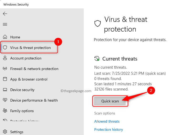 Windows Güvenliği Virüs Tehdit Koruması Hızlı Tarama Min