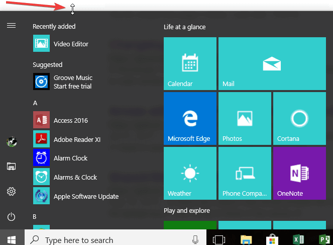 redimensionați meniul de pornire Windows 10