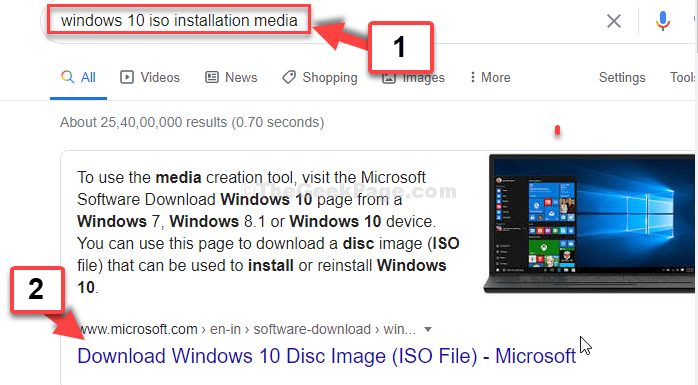 Пошук Google Інсталяційний носій Windows 10 Iso Введіть перший результат від Microsoft