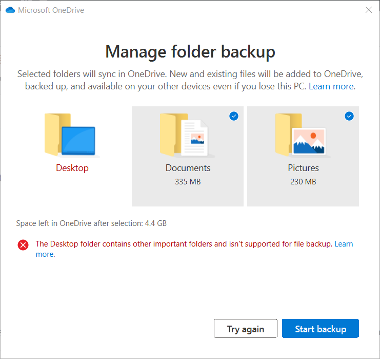 Gerenciar backup de janela de backup de pasta para OneDrive