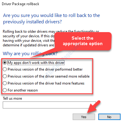 Driver Pakage-tilbageslag Vælg passende mulighed Ja