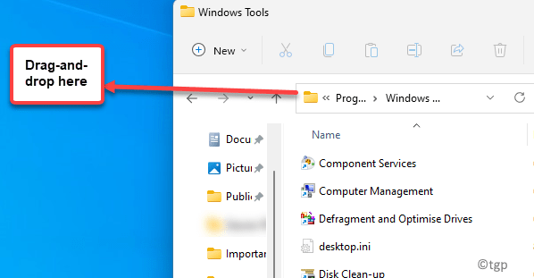 Win + E File Explorer Naviger til sti for at åbne Windows Værktøjer Mappe Træk og slip på skrivebord Min