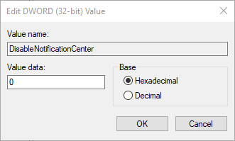 Caracteristicile de editare a limbajului ferestrei DWORD caracteristici dezactivează notificările Windows 10
