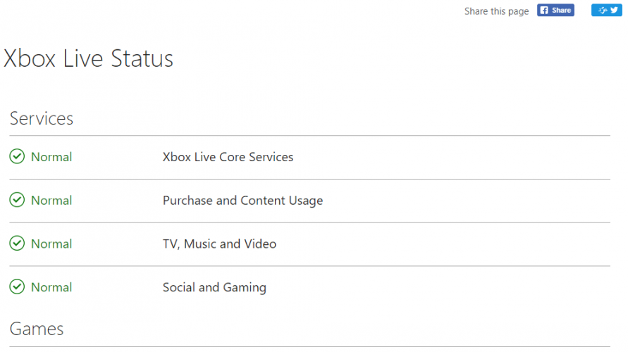 Страница статуса Xbox Live