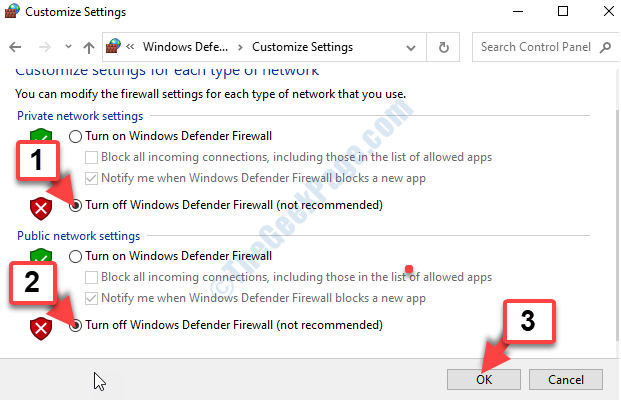 Privaatvõrgu seaded Lülitage Windows Defenderi tulemüür välja Avalikud võrguseaded Lülitage Windows Defenderi tulemüür välja