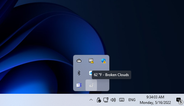 Sääpalkin ilmaisinalueen kuvake Windows 11:n sää tehtäväpalkissa