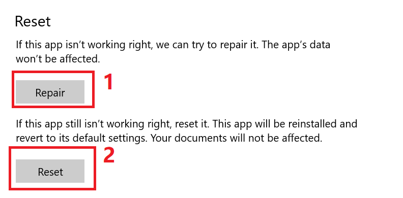 javítson vagy állítson vissza egy alkalmazást a Windows 10 rendszeren