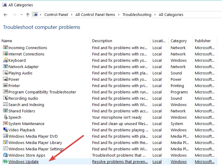 painel de controle do solucionador de problemas do windows update