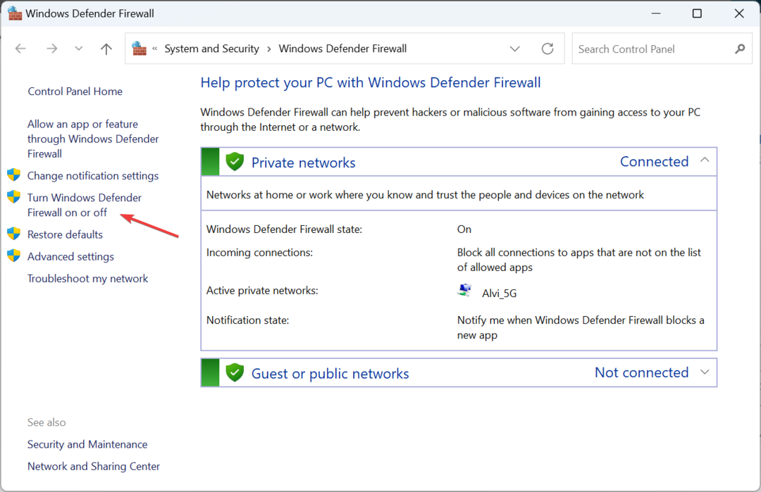 dezactivați firewall-ul Windows Defender pentru a remedia codul de eroare 80090034