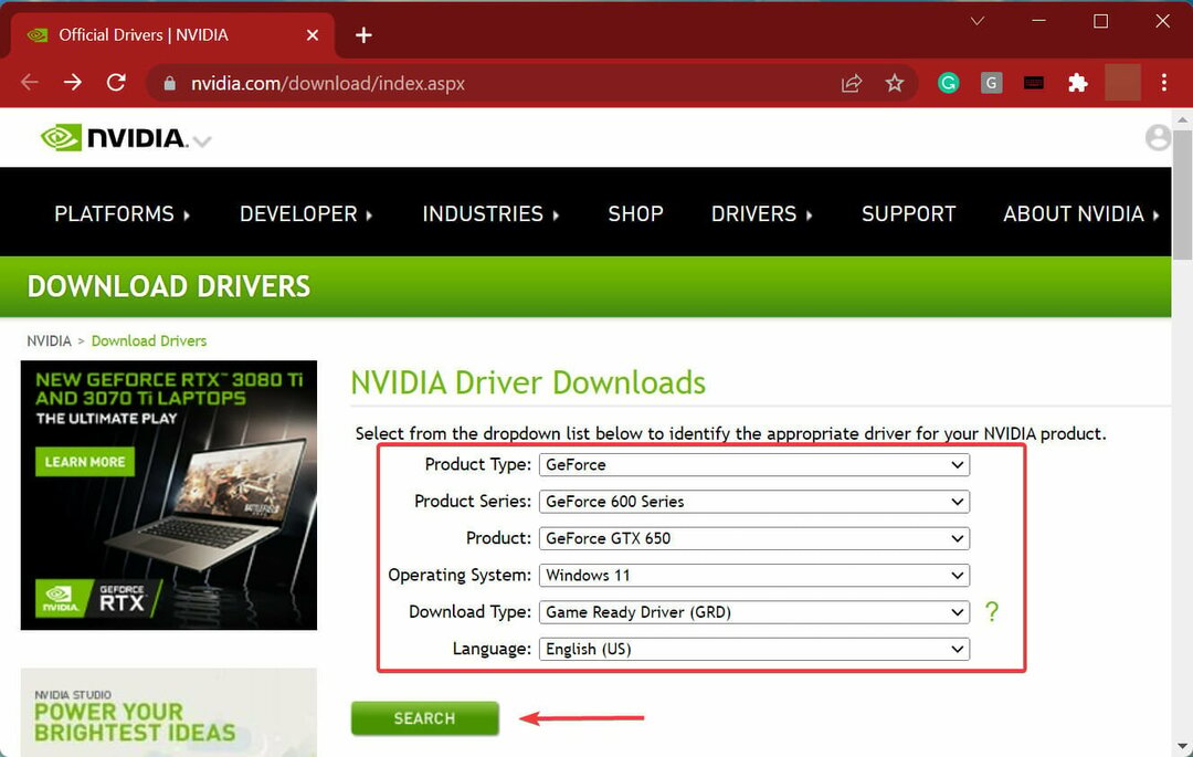 חפש מנהל התקן של Nvidia