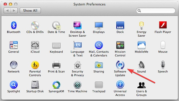 janela de preferência do sistema e seção de atualização de software