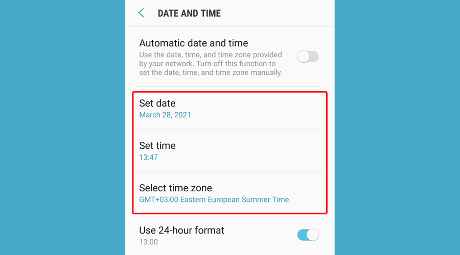 Az Android megmutatja a beállított dátumot, időt és az időzóna kiválasztását