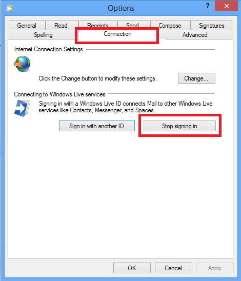 „Windows Live Mail“ parinktis - nustokite prisijungti