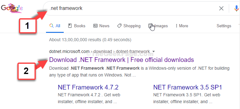 Búsqueda de Google .net Framework Primer resultado del sitio web oficial de Microsoft