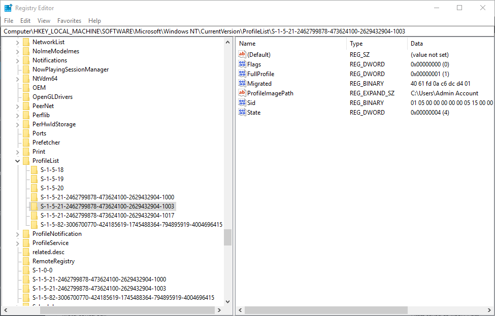 ProfileList-nyckeln windows 10 raderade användarkontot som visas igen