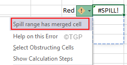 L'intervallo di versamento dell'errore di versamento di Excel ha celle unite