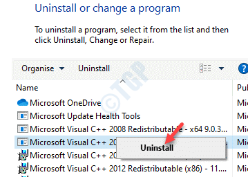 Programos ir funkcijos Pašalinkite arba pakeiskite programą „Microsoft Visual C ++ 2010“ Redistributable Package (x86) Dešiniuoju pelės mygtuku spustelėkite Pašalinti