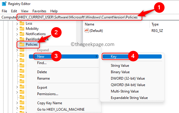 Registro di sistema Software utente Criteri di Microsoft Windows Crea Key Explorer Min