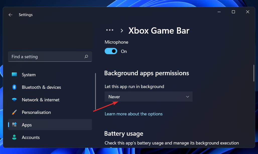 Niekada bg proceso pašalinimas iš xbox žaidimų juostos Windows 11