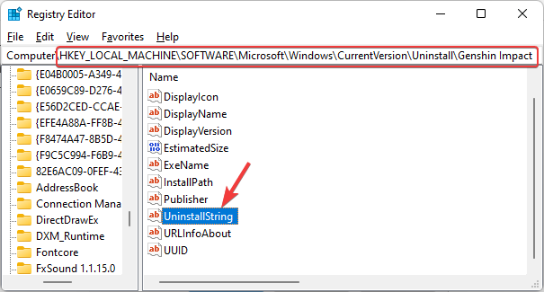 Kayıt defterinde Genshin Impact anahtarına gidin ve UninstallString'e çift tıklayın