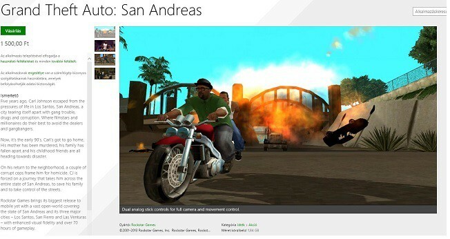 Windows 8, 10 Game GTA: San Andreas visas i Windows Store