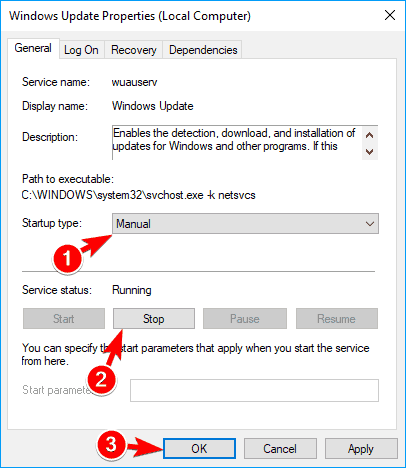 Vlastnosti služby Windows Update sa zastavia