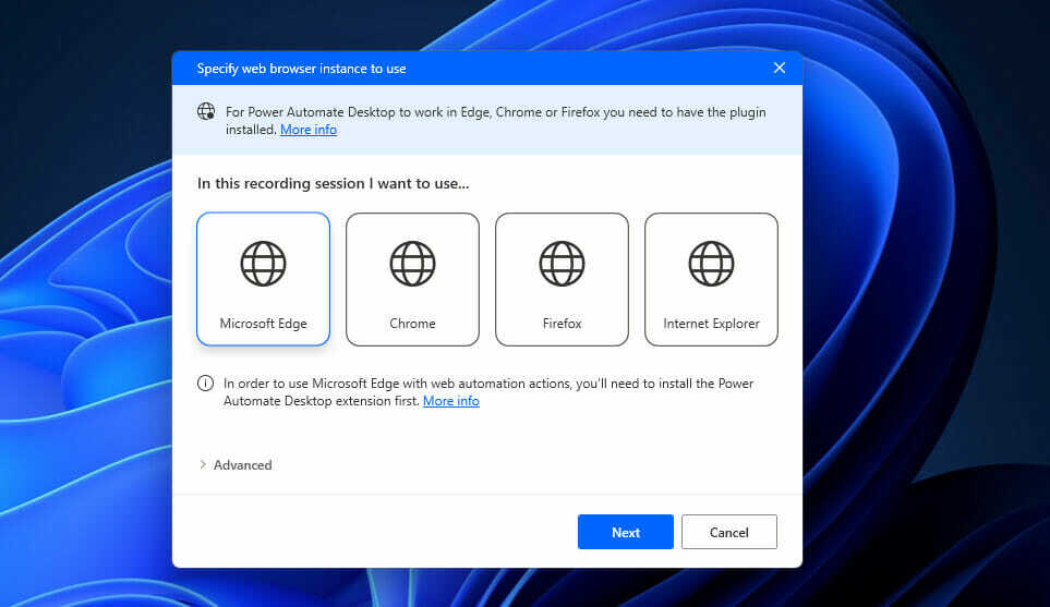 La fenêtre Spécifier le navigateur Web automatise les tâches Windows 11