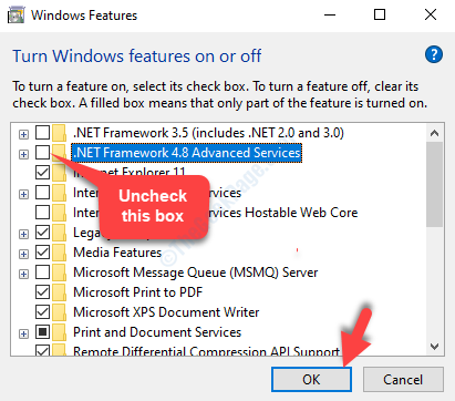 คุณลักษณะของ Windows .net Framework 4.8 บริการขั้นสูง ยกเลิกการเลือก ตกลง
