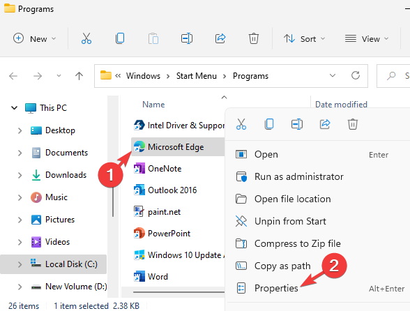 Paremklõpsake Microsoft Edge ikoonil ja valige Atribuudid