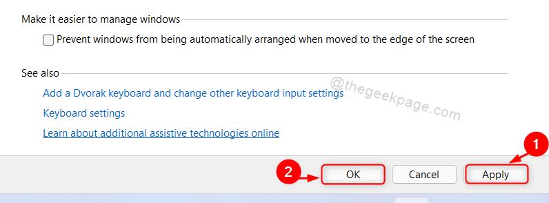 Klepněte na tlačítko Použít OK pro možnost přepínání kláves Win11
