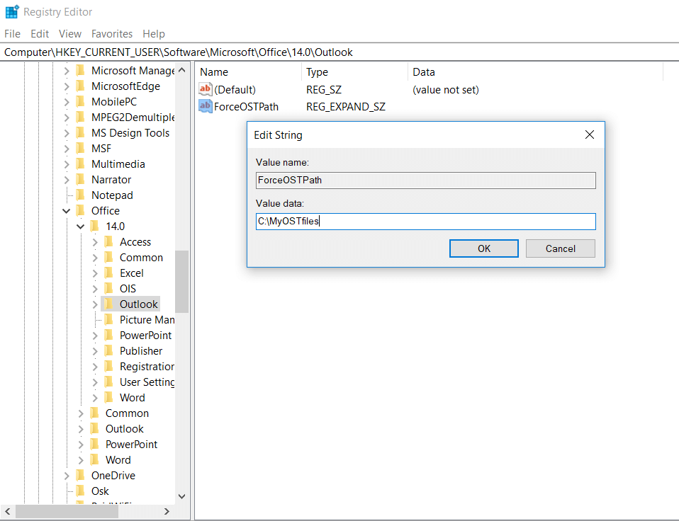 редактиране на низове в системния регистър на промяна офлайн местоположение на файл с данни на Outlook