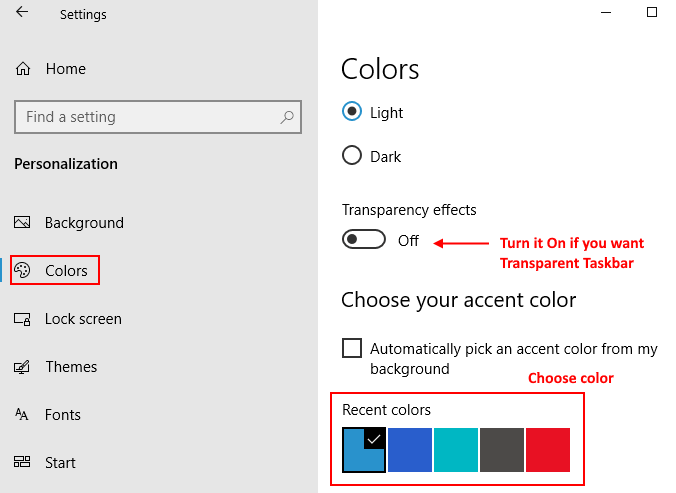 Start-menüü ja tegumiriba värvi muutmine Windows 10-s
