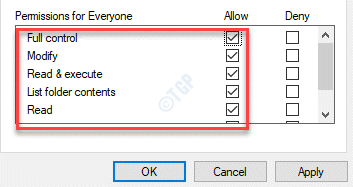 すべてのユーザーのアクセス許可列を許可するすべてのチェックボックスをオンにする[OK]を適用