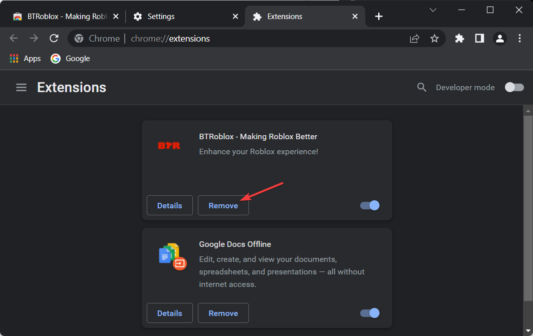 odstranite razširitev btroblox ne deluje
