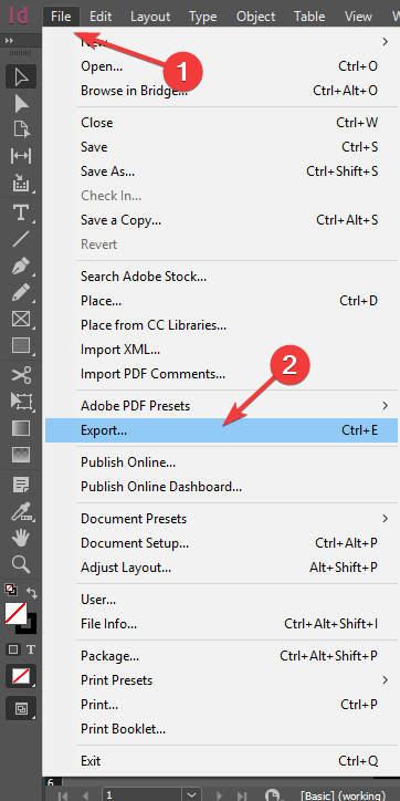 InDesign-tiedoston vienti -vaihtoehto - Adobe InDesignista puuttuu laajennuksia