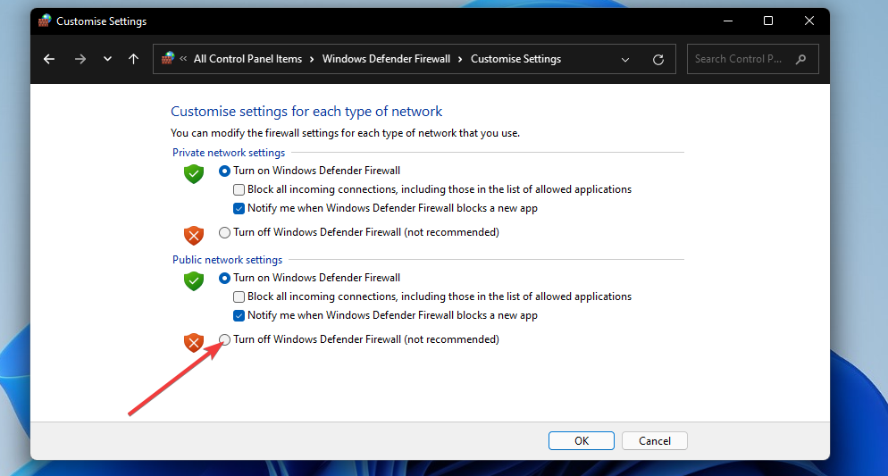 Sammuta Windows Defenderin palomuuri -valintanappi minecraft-käynnistin ei avaa Windows 11:tä