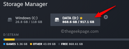 „Steam Storage Manager“ diskas, skirtas pasirinkti žaidimą, kurį norite perkelti Min