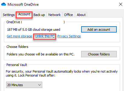Conta da caixa de diálogo Microsoft Onedrive Desvincular este PC