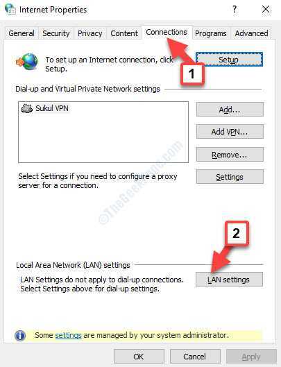 Configuración de LAN de conexión de propiedades de Internet