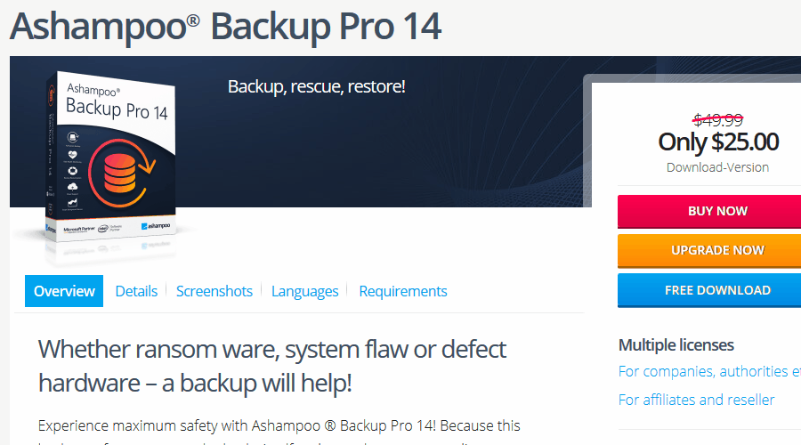 Software pro automatické zálohování Ashampoo Backup Pro