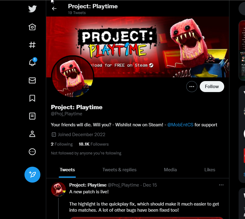 página do Twitter do playtime do projeto - falha ao conectar ao servidor