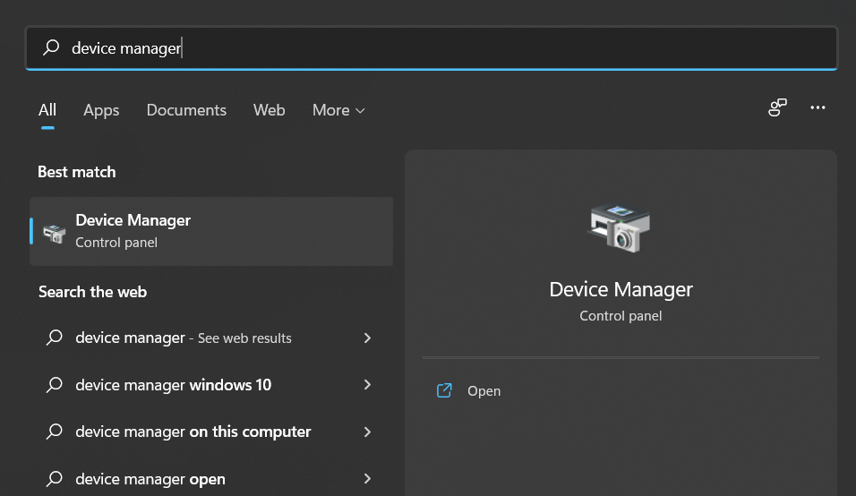 Device-manager-search win + x nedarbojas operētājsistēmā Windows 11