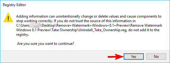 patvirtinimo dialogo langas registro rengyklė Pašalinkite „Windows 10“ bandymo režimo vandenženklį