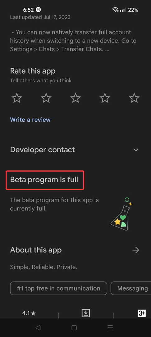 Il programma beta è la condivisione dello schermo WhatsApp completa