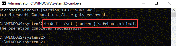 Command Prompt (admin) Pokrenite Command for Safeboot Minimal Enter