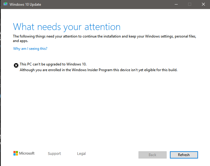 Este PC não pode ser atualizado para o Windows 10, embora você esteja inscrito no Programa Windows Insider