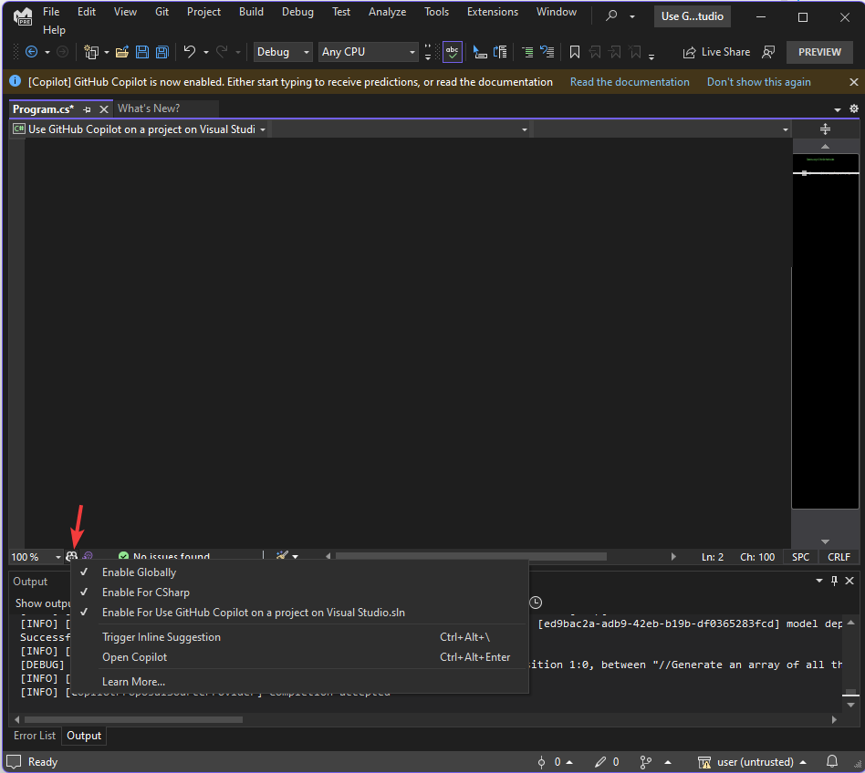 Activer les options pour GitHub Copilot dans Visual Studio