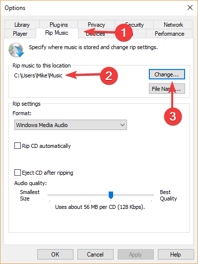 vaikimisi rippimise asukoha muutmine Windows Media Player ei leia faili