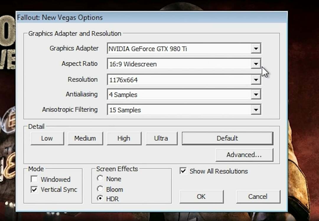 Fereastra Fallout: New Vegas Options Fallout New Vegas se prăbușește Windows 10